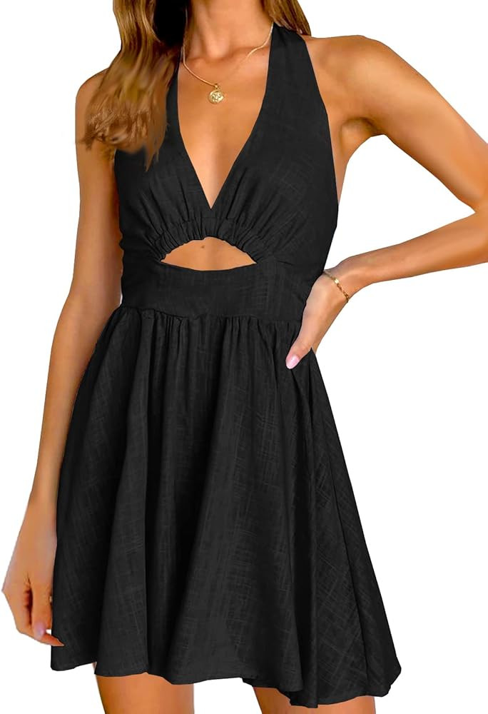Inorin Womens Summer Sleeveless Halter V Neck Backless Cut Out Sexy Casual Party Swing Flared Min... | Amazon (US)
