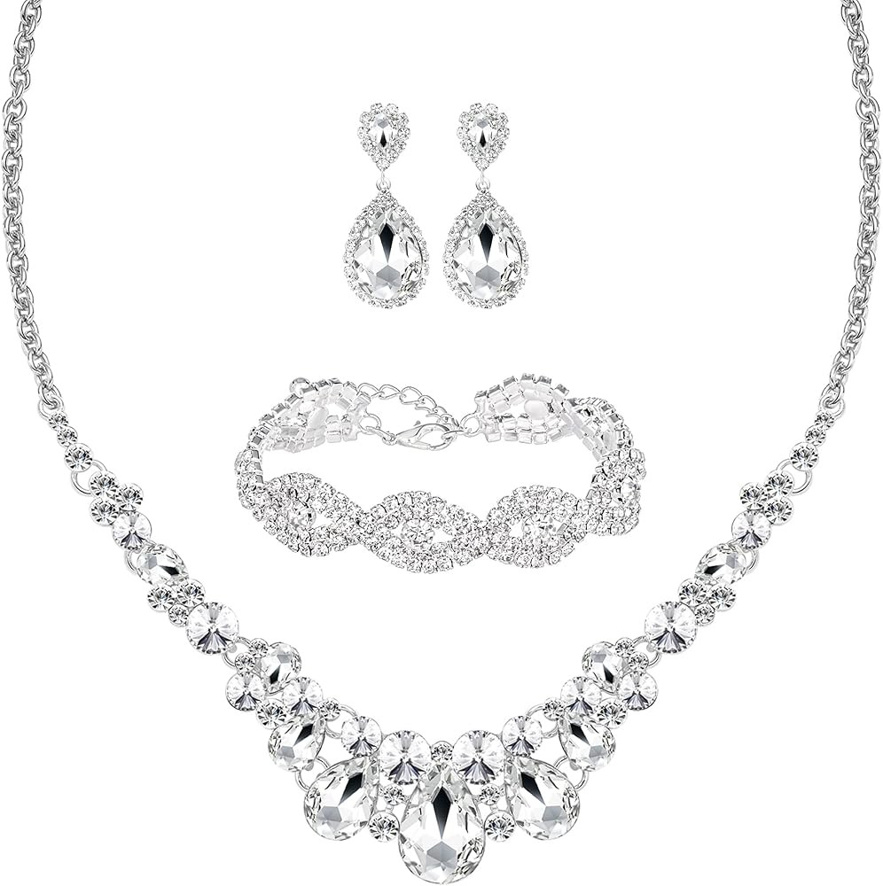 3/4 Pieces Women Jewelry Set Rhinestone Crystal Bride Statement Choker Necklace Tiara Crown Link ... | Amazon (US)