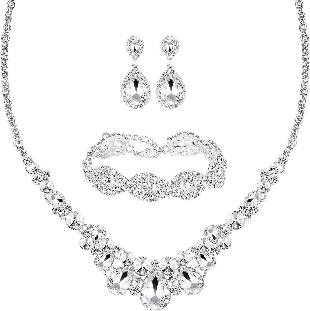 3/4 Pieces Women Jewelry Set Rhinestone Crystal Bride Statement Choker Necklace Tiara Crown Link ... | Amazon (US)