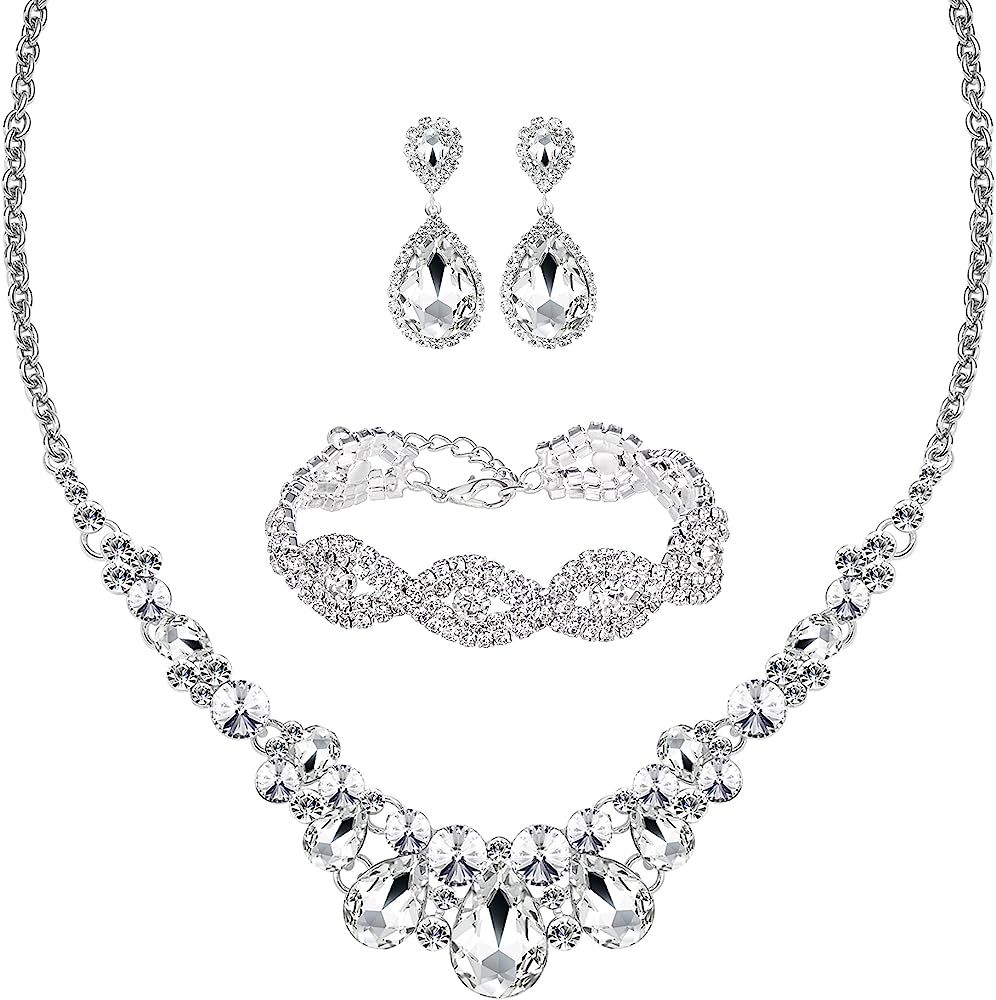 3/4 Pieces Women Jewelry Set Rhinestone Crystal Bride Statement Choker Necklace Tiara Crown Link ... | Amazon (US)