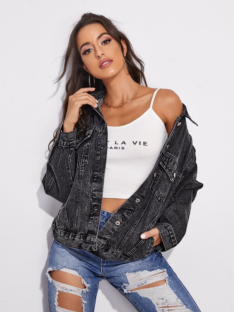 Flap Pocket Drop Shoulder Denim Jacket | SHEIN