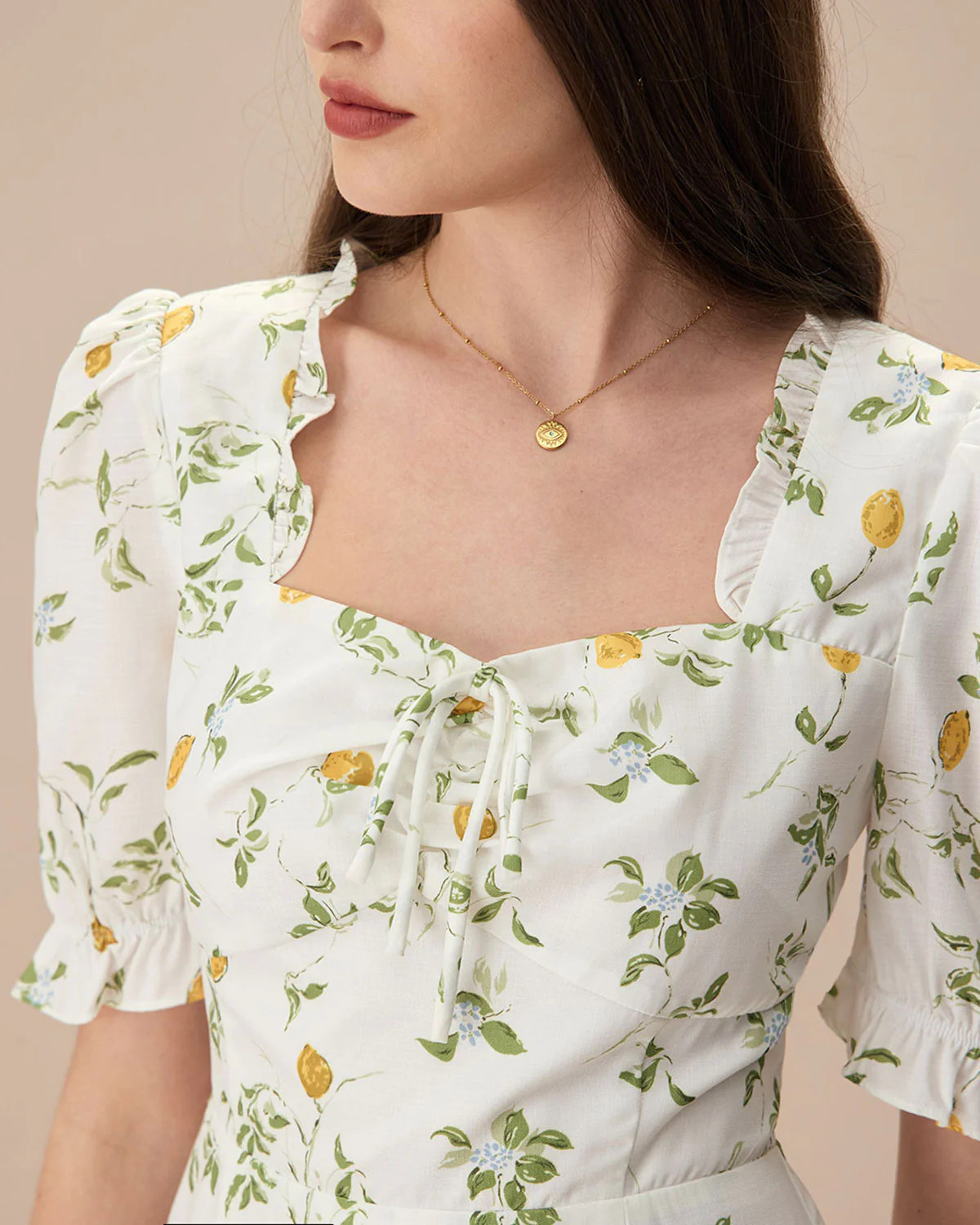 The White Square Neck Frill Trim Floral Midi Dress | rihoas.com