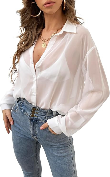 Verdusa Women's Sheer Mesh Button Down Shirt Top Long Sleeve Drop Shoulder Blouse | Amazon (US)
