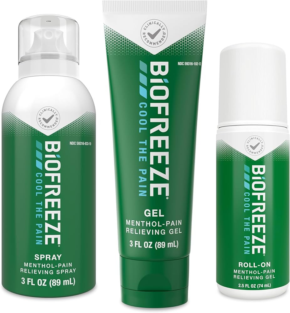 Biofreeze Pain Relief Roll-On 2.5 FL OZ, Gel 3 FL OZ, And Spray 3 FL OZ Variety Pack Topical Pain... | Amazon (US)