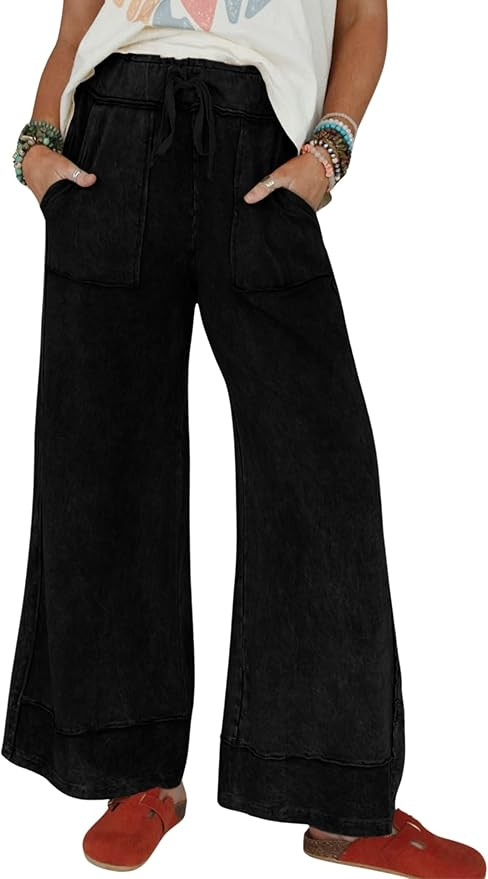 Athlisan Womens Casual Wide Leg Sweatpants Acid Wash Elastic Waisted Palazzo Pants Trousers with ... | Amazon (US)