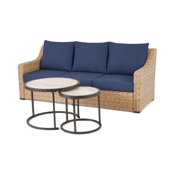 Better Homes & Gardens River Oaks Outdoor Sofa & 2 Nesting Tables with Patio Cover, Navy | Walmart (US)