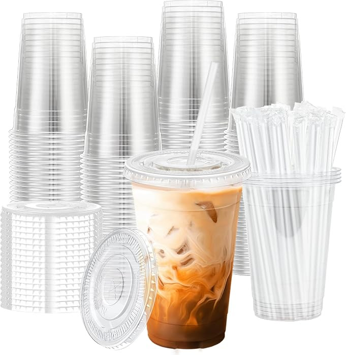 20 oz 100 Pack Clear Plastic Iced Coffee Cups with Lids Disposable | Amazon (US)