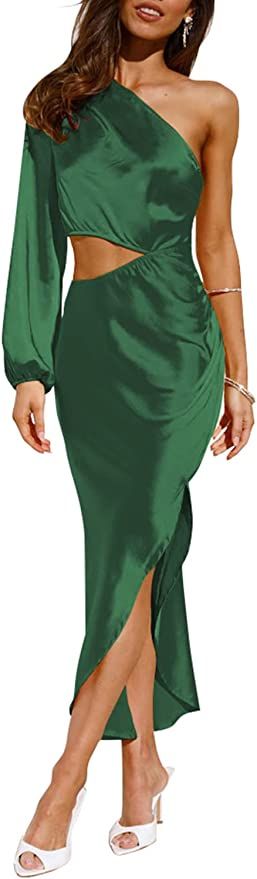 PRETTYGARDEN Women's Satin Midi Dress One Shoulder Long Sleeve Cutout Split Bodycon Cocktail Dres... | Amazon (US)