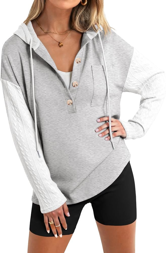 Glamaker Women's Button Down Cable Knit Hoodies Long Sleeve Patch Work Spliced Pullover Hooded Sw... | Amazon (US)
