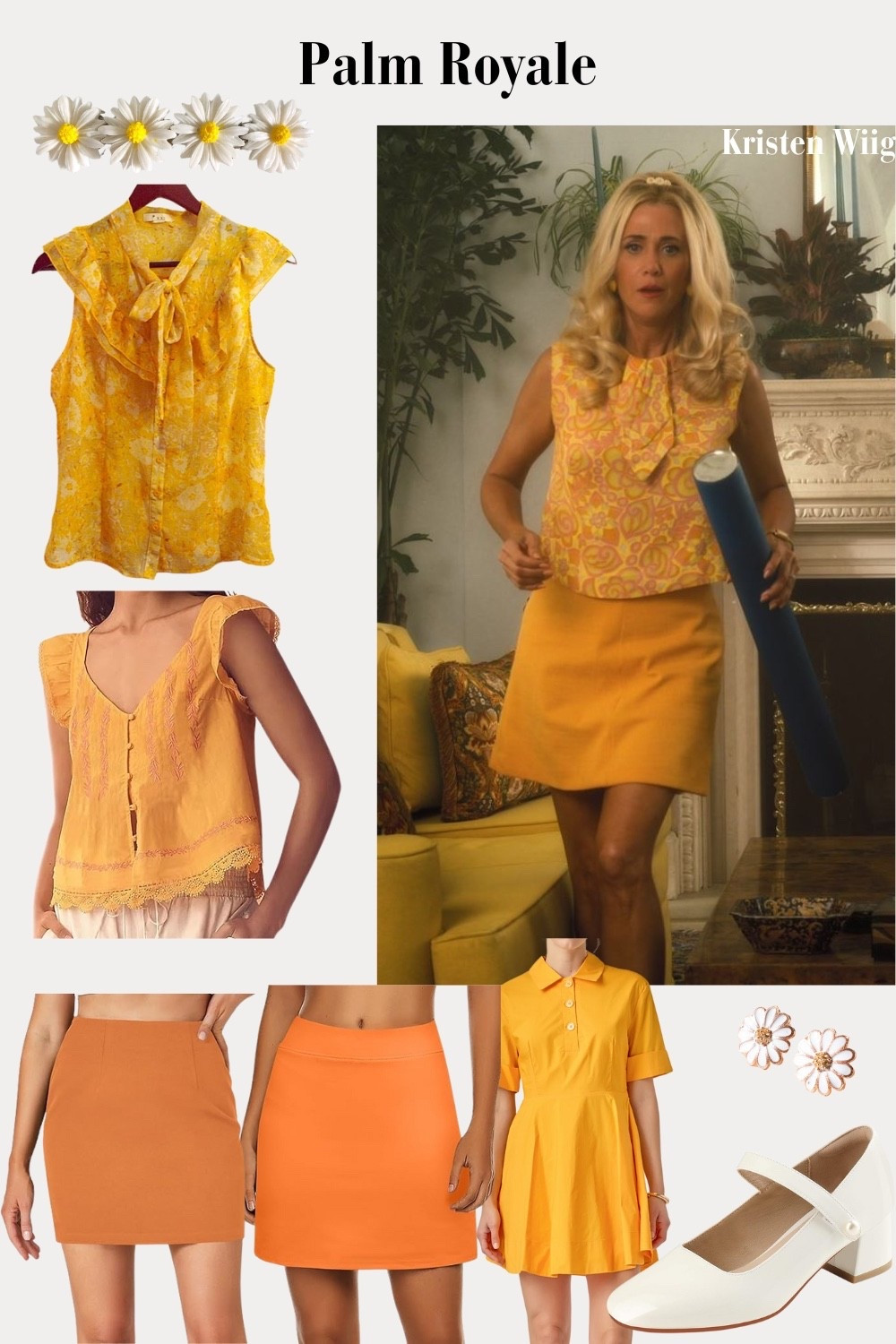 Maxine Simmons Outfit 1 Episode 6 - Maxine in a yellow and orange floral sleeveless top, plain orange pencil mini skirt, and sunflower barrette.