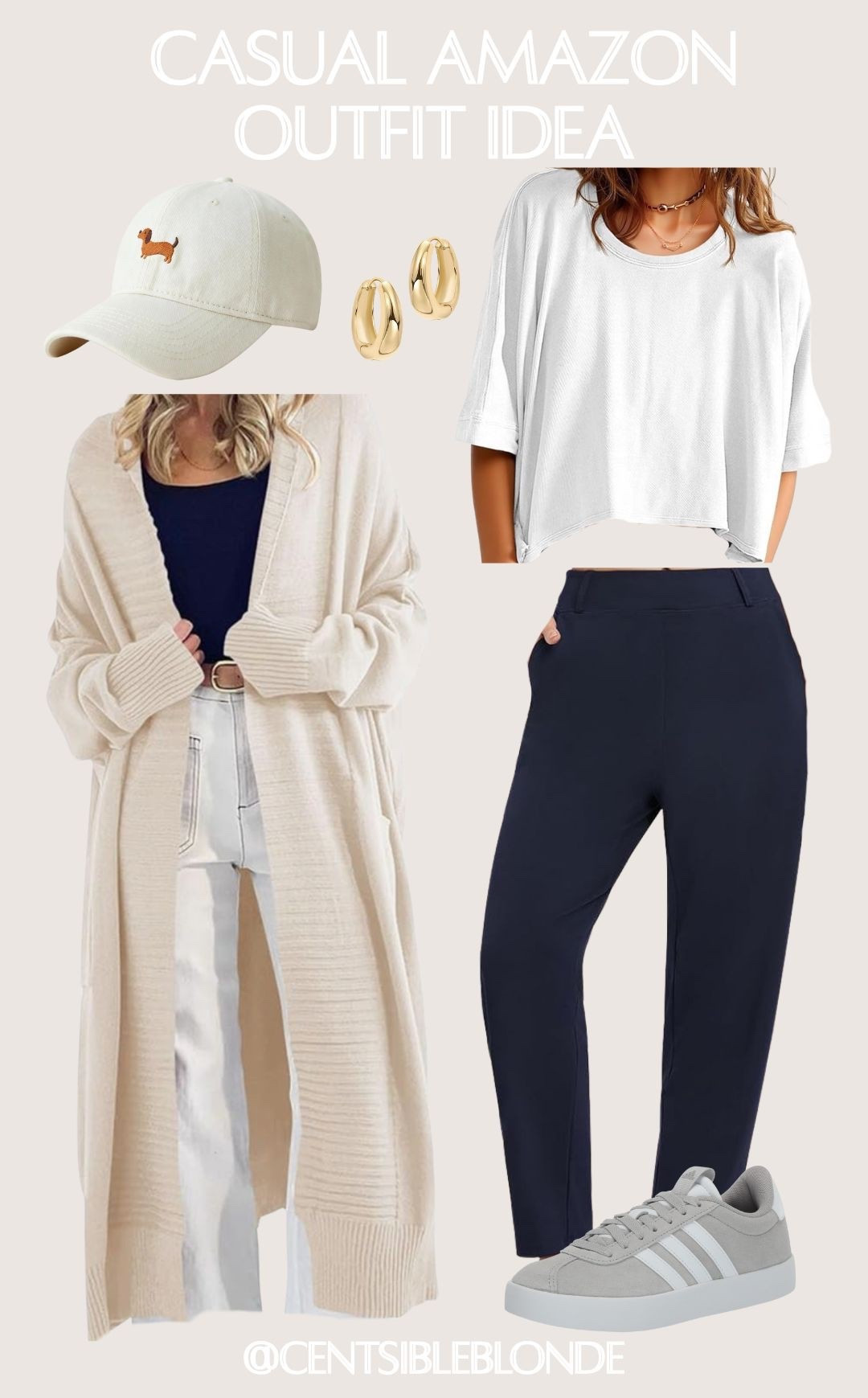 Duster cardigan, Amazon style, Amazon outfit, white tee, navy oats, ankle pants, comfy work pants, stretchy work pants, athletic work pants, Athleisure, errands, breakfast, coffee date, travel outfit, travel style, casual outfit, casual style, wiener hat, ballcap, gold hoops, gold earrings, beige cardigan, sneakers, gray adidas, dachshund hat

#LTKTravel #LTKmomlife #LTKootd