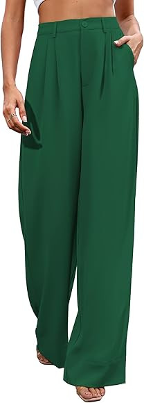 Kocowoo Women Casual Wide Leg Pants Button Down Straight Long Trousers Pants Elastic High Waist D... | Amazon (US)