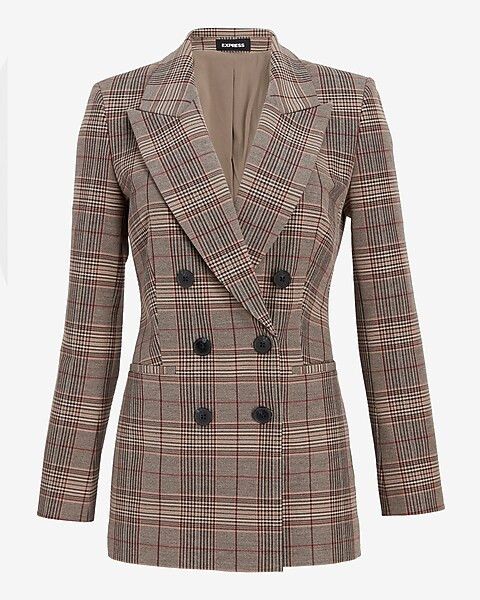 Plaid Peak Lapel Double Breasted Blazer | Express