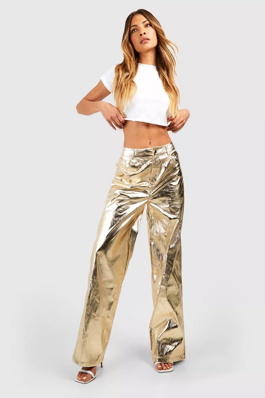 High Waisted Metallic Full Length Trousers | Boohoo.com (UK & IE)