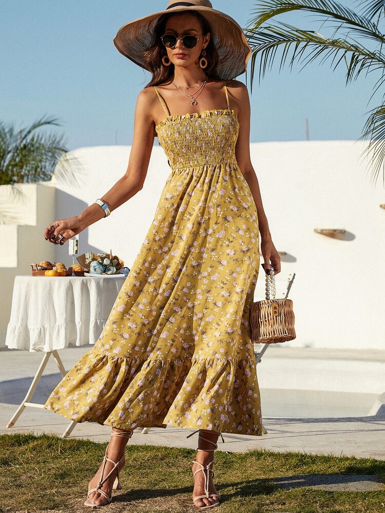 Ditsy Floral Print Shirred Ruffle Hem Cami Dress | SHEIN