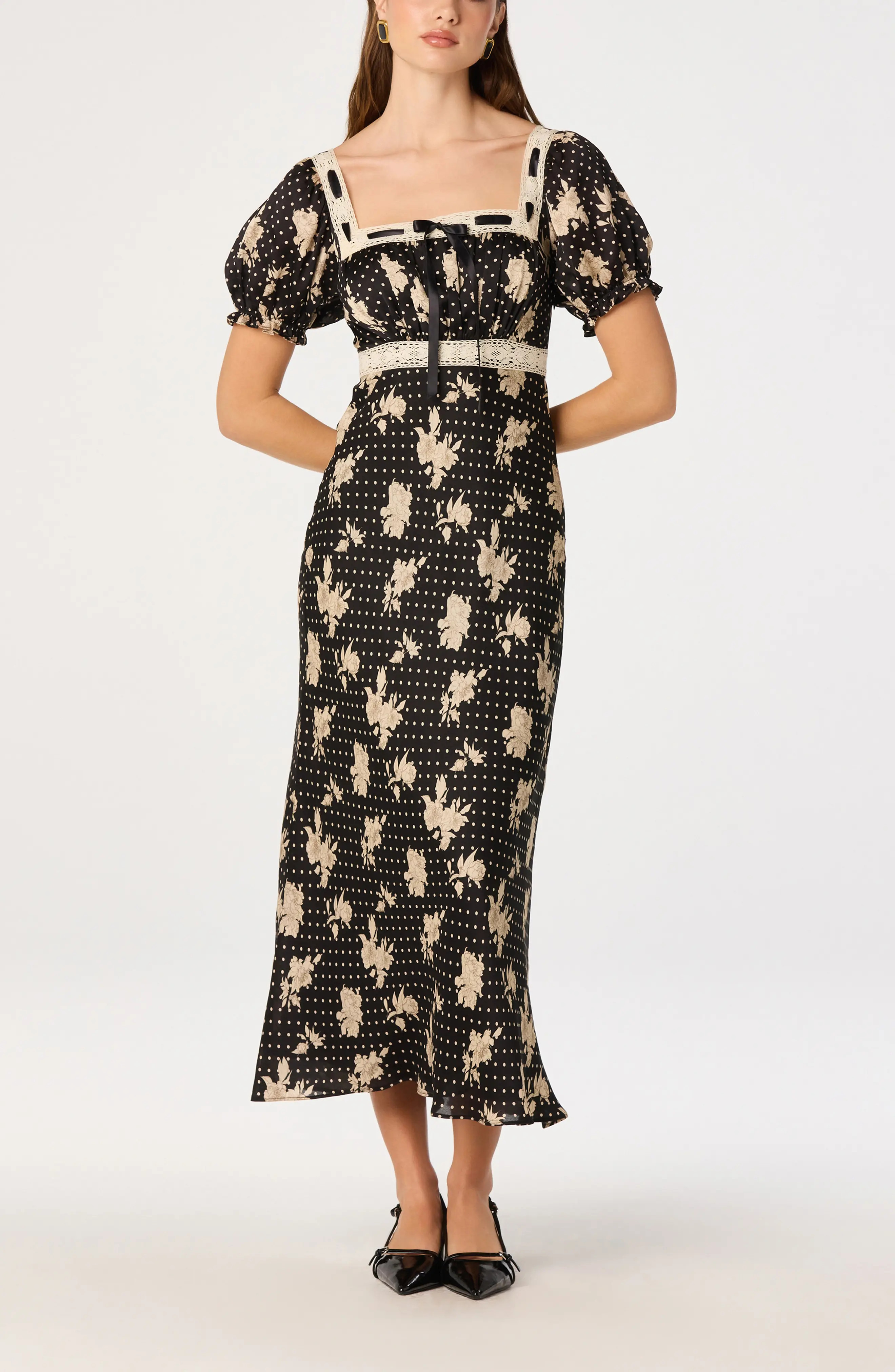 ASTR the Label Kim Puffed Sleeve Lace Trimmed Midi Dress (Women) | Nordstrom | Nordstrom