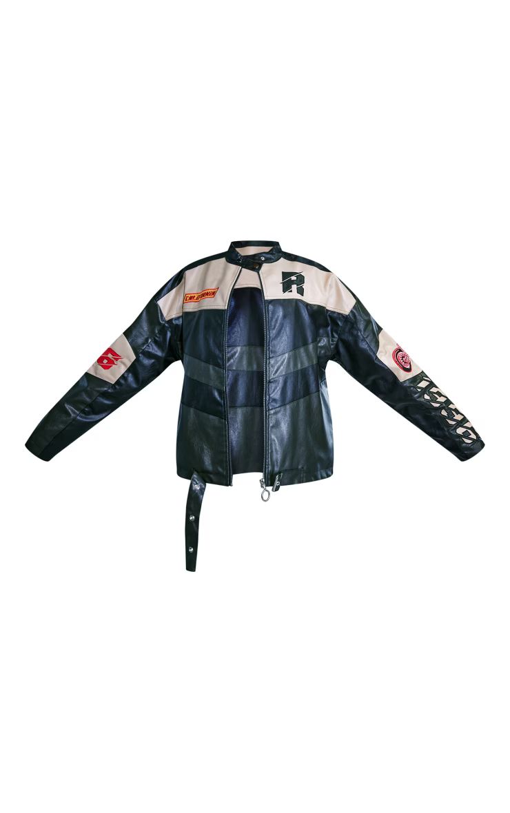 Black Contrast Panel Oversized Faux Leather Motocross Jacket | PrettyLittleThing US