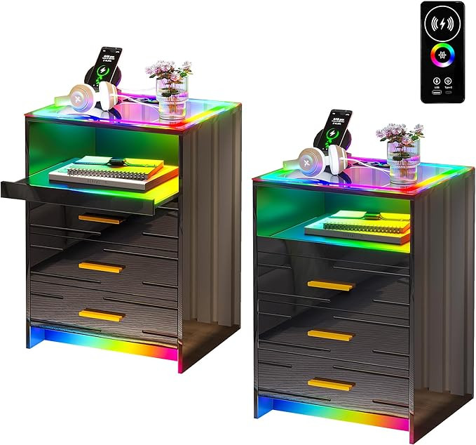 HHNEBC RGB LED Nightstand Set of 2, Smart Night Stand with Wireless Charging Station,Modern Bedsi... | Amazon (US)
