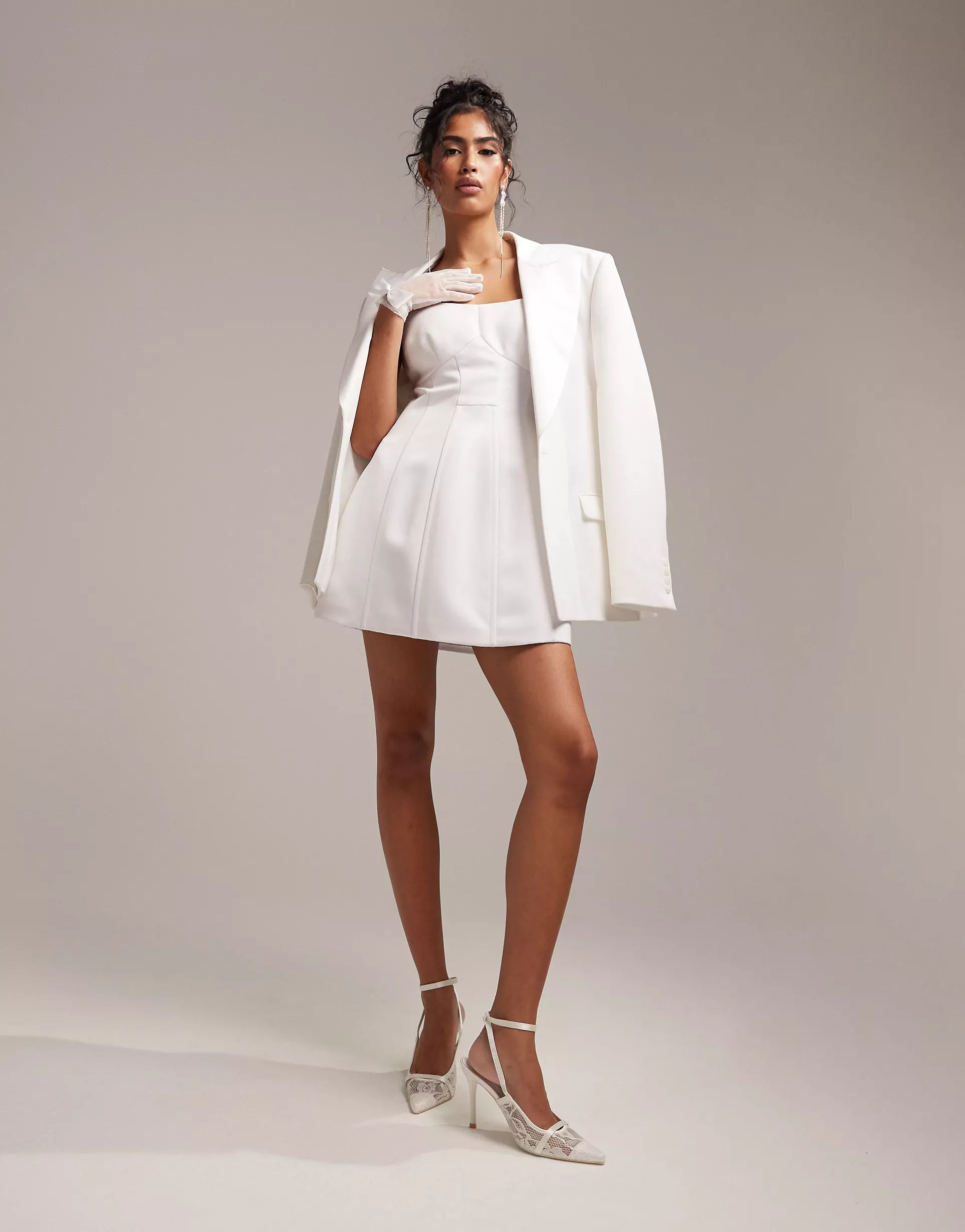 ASOS DESIGN satin structured square neck mini wedding dress in ivory | ASOS (Global)