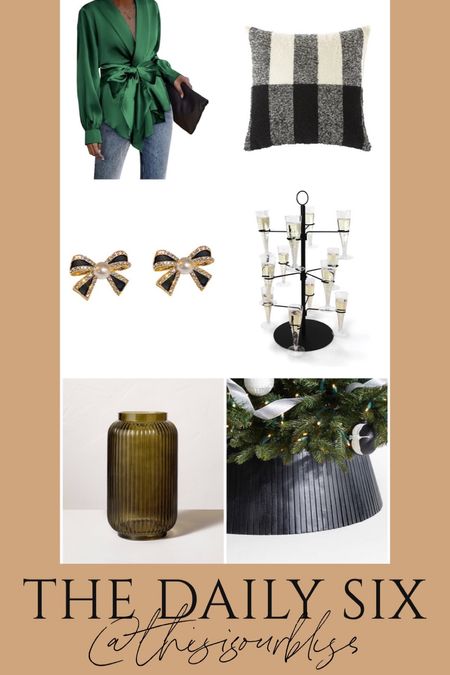 The daily six! Today’s daily finds! 🖤
Tie front satin blouse for the holidays
$11 plaid pillow
cutest, bow, stud earrings with pearls
wine or champagne glass tower
ribbed vase
black wood Christmas tree skirt 
Amazon fashion, crate & barrel, Walmart, target 

#LTKGiftGuide #LTKHoliday #LTKfindsunder50
