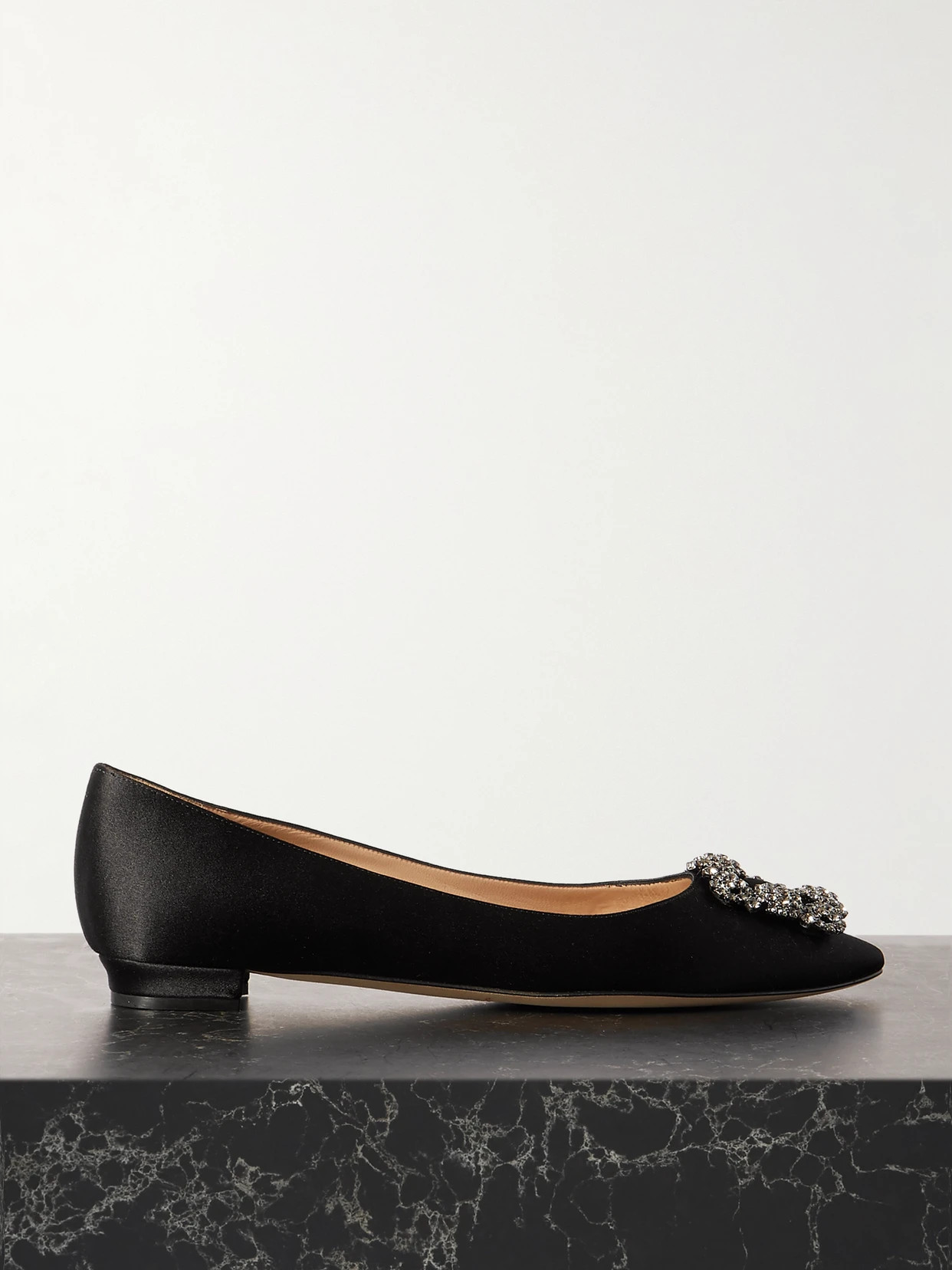 Manolo Blahnik - Hangisi Embellished Satin Point-toe Flats - Black | NET-A-PORTER (US)