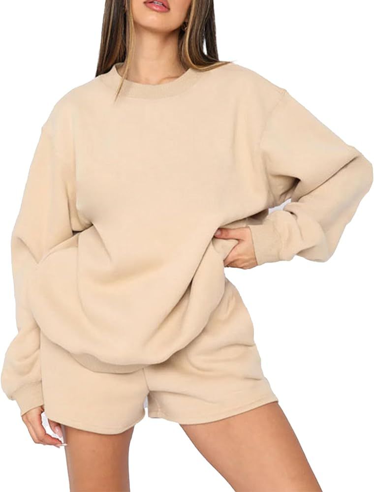 hathne Women 2 Piece Outfits Sweatsuit Oversized Y2k Hoodie Lounge Set Shorts Sweatshirt Casual C... | Amazon (US)