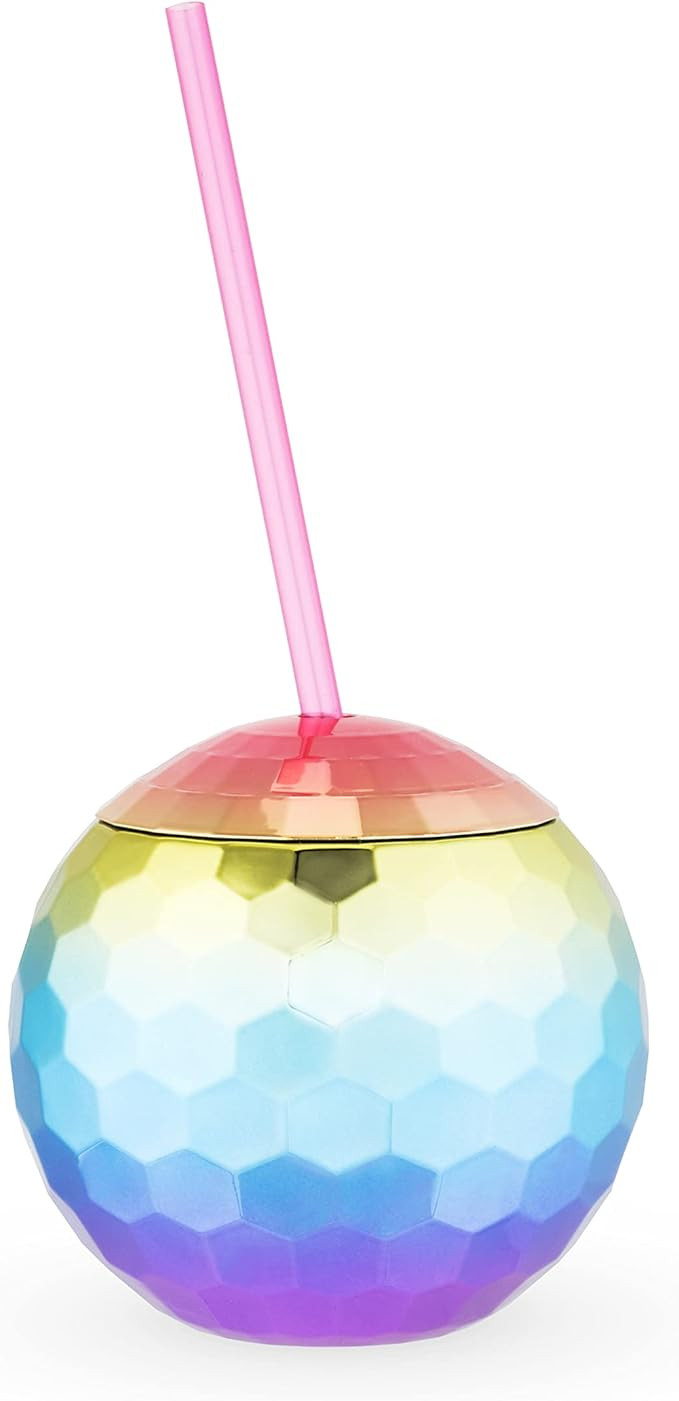 Amazon.com | Blush Rainbow Disco Ball Cup with Lid and Straw, 16 Ounce Cute Sparkly Glitter Cockt... | Amazon (US)