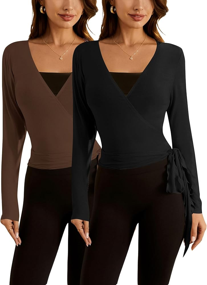SweatyRocks Women's Pilates Outfits Wrap Tops Ballet Yoga Coquette Shirt Cute Long Sleeve Workout... | Amazon (US)