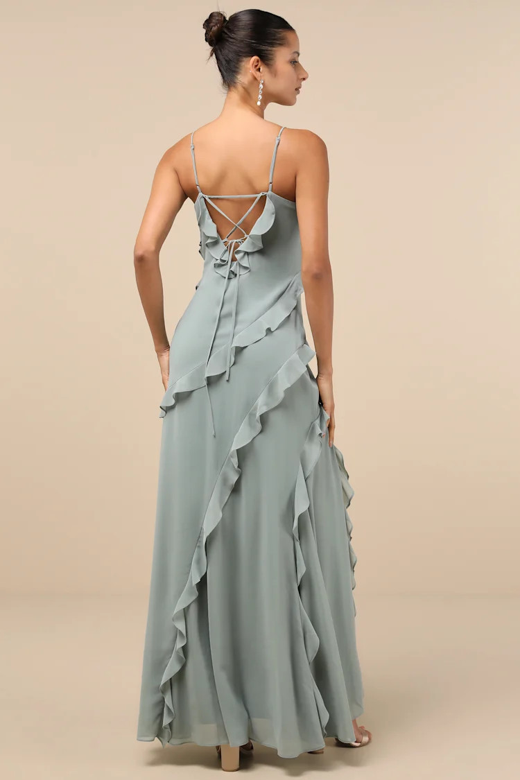 Fancy Sweetness Sage Green Ruffled Lace-Up Sleeveless Maxi Dress | Lulus