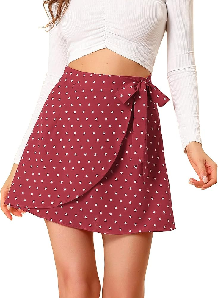 Allegra K Women's Asymmetrical Bow Tie Waist A-Line Casual Heart Printed Wrap Mini Skirt | Amazon (US)