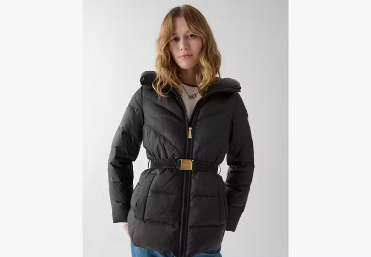 Kate Spade Cire Short Belted Puffer, Black - Large | Kate Spade Outlet