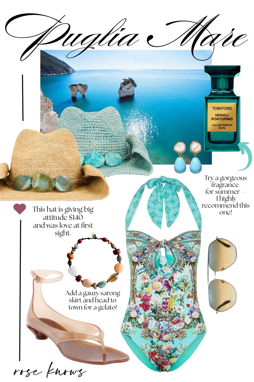 🌊☀️ Get ready for dreamy beach days in Puglia with these stylish summer must-haves! From a floral swimsuit and elegant drop earrings to a luxe straw hat and Tom Ford Neroli Portofino fragrance—this is effortless Italian coastal style. 🍦✨ Elevate your vacation wardrobe with breezy accessories and trendy sandals. Perfect for gelato strolls and sun-soaked adventures! #SummerStyle #BeachOutfit #VacationWardrobe #PugliaTravel #SwimwearTrends #TomFordBeauty #FashionInspo #BeachAccessories 

#LTKTravel #LTKSeasonal #LTKSwim
