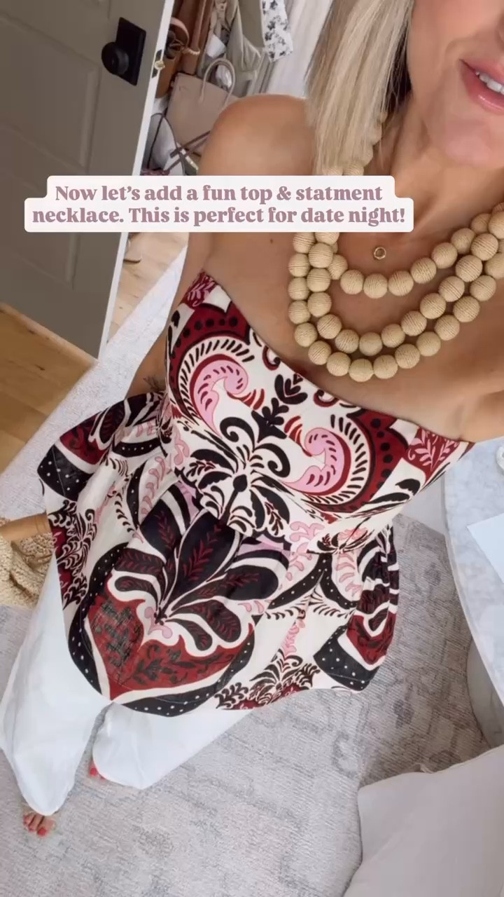 You guys I am obsessed with this top 😍 How gorgeous is this color palette? Pairing a statement top with neutral bottoms and raffia accessories is the ultimate chic spring and summer look. Wearing size 2 in the top and 4 in jeans! Loverly grey, white jeans outfit, strapless peplum statement tops, Target style finds, date night spring summer outfit ideas, girls weekend look inspo 

#LTKSeasonal #LTKootd