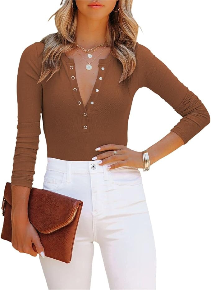 MISSJOY Women’s V Neck Long Sleeve Short Sleeve Button Down Ribbed Knit Leotards Bodysuits Tops... | Amazon (US)