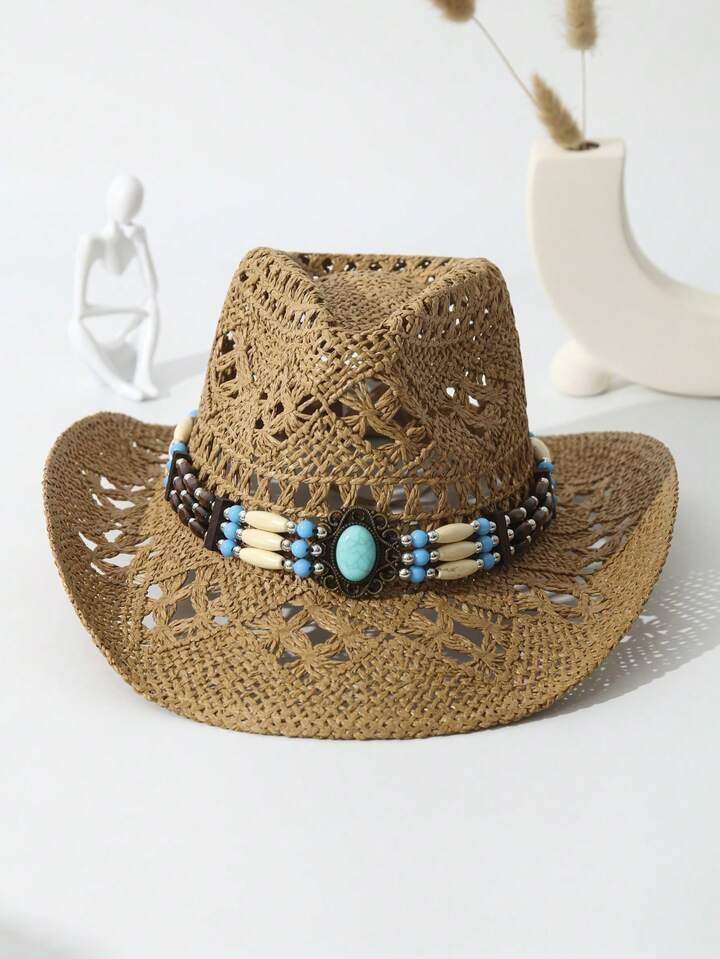 1pc Unisex Turquoise Stone Decor Cowboy Hat Hollow Out Handmade Wide Brim Cowgirl Hat Wide Brim Casual Spring Summer Travel Shade Beach Hat Sun Hat Straw Hat | SHEIN