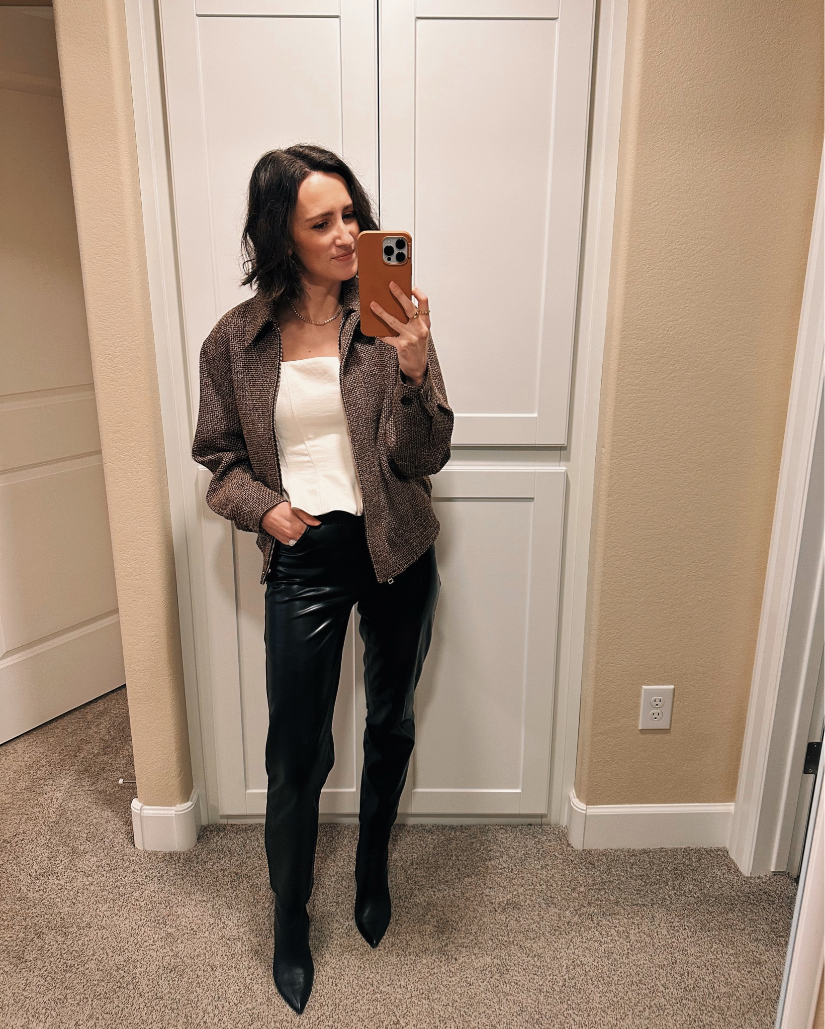 Girls dinner outfit 🖤🥂 I’ve had these faux leather pants for a few years but they’re my favorite for winter! Lined with cozy fleece to keep you warm 🧸 and big surprise I’ve been wearing this tweed bomber jacket on repeat 😂 

Pants: 24
Peplum top: XS
Jacket: XS 
Boots: TTS



#LTKootd #LTKgrwm