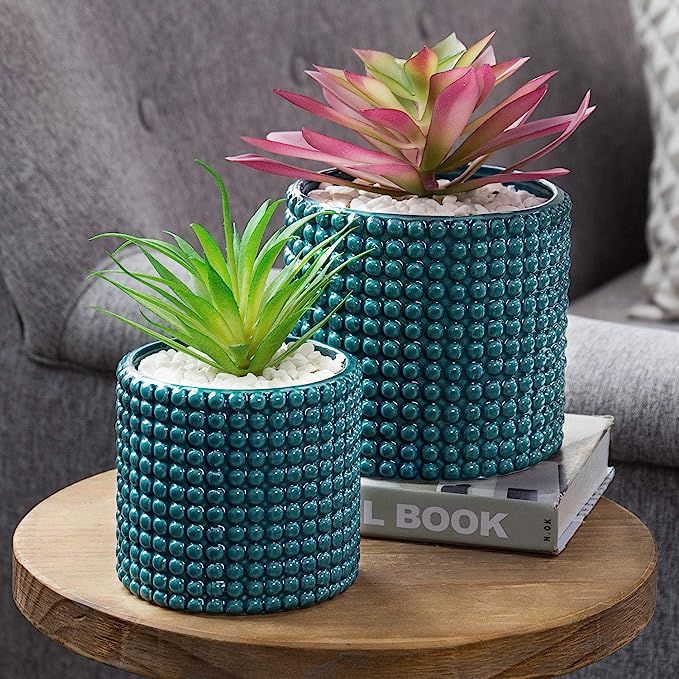 Set of 2 Dark Turquoise Ceramic Hobnail Textured Flower Planter Pots | Amazon (US)