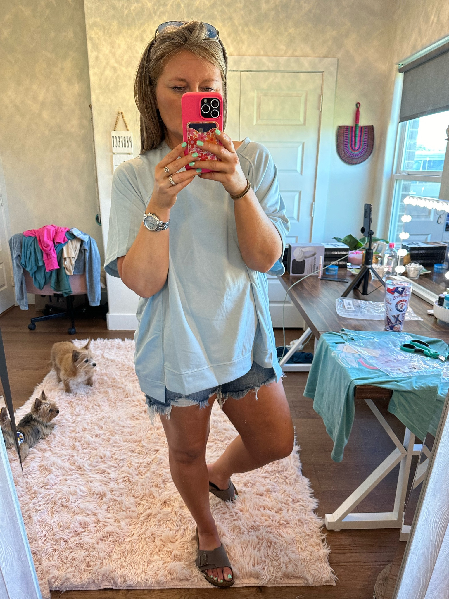 Summer short sleeve sweater, Jean cutoff shorts, slide leather sandals, aviator sunglasses 

#LTKFindsUnder50 #LTKMidsize