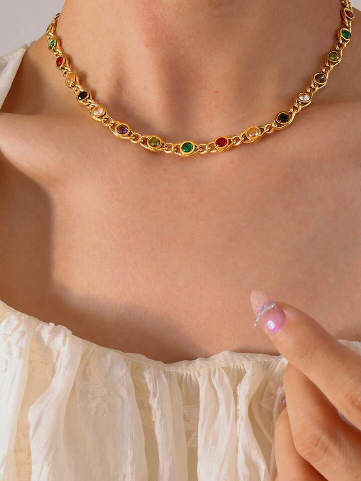 1pc Thai-Style Trendy Colorful Cubic Zirconia Inlaid Copper Chain Necklace | SHEIN
