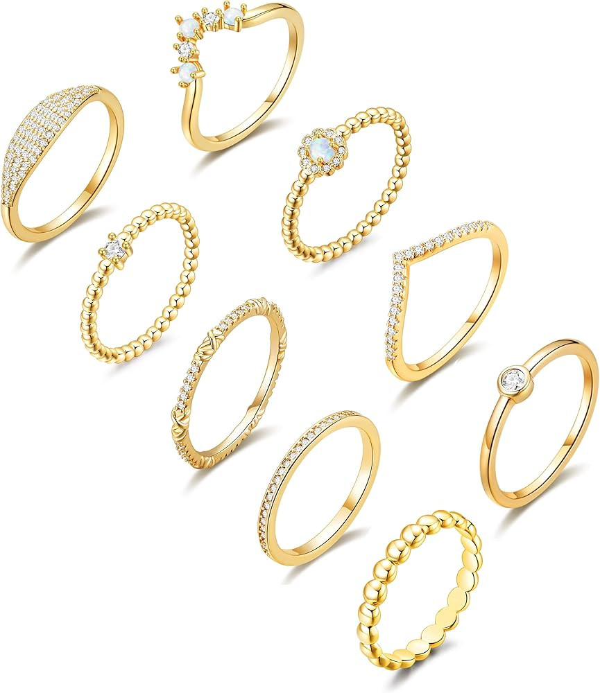 PLOMFOV 14K Silver Plate Stacking Rings Set for Women V Opal Flower CZ Rings Simple Thumb Thin St... | Amazon (US)