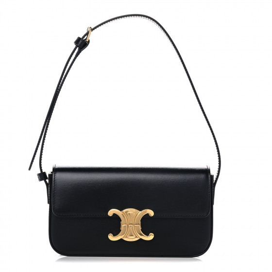 CELINE Shiny Calfskin Triomphe Shoulder Bag Black | Fashionphile