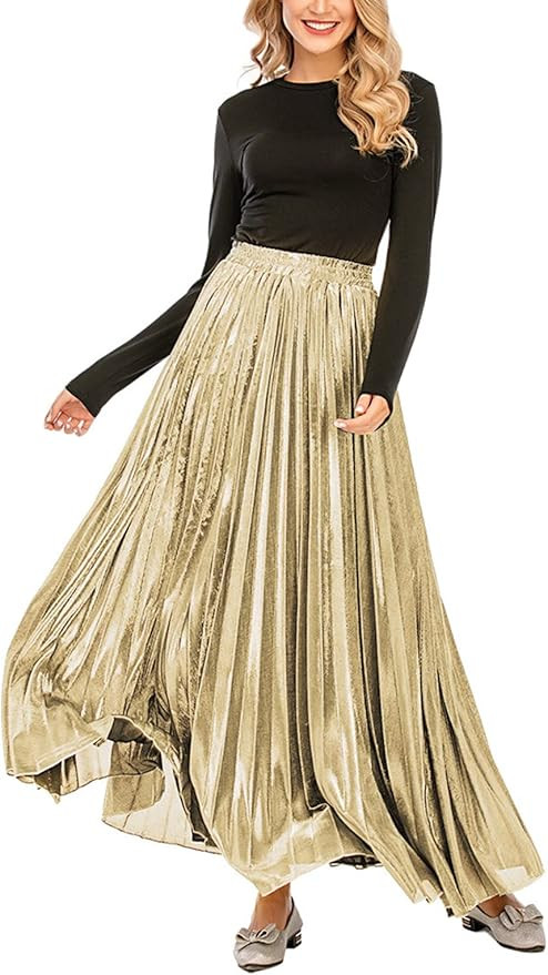 CHARTOU Women's Premium Metallic Shiny Shimmer Accordion Pleated Long Maxi Skirt | Amazon (US)
