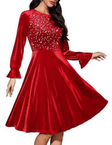Bbonlinedress Glitzer Kleid Damen Samtkleid elegant Knielang Langarm Winterkleider festliches Weihnachtskleid mit Pailletten Party Cocktailkleid Red M | Amazon (DE)