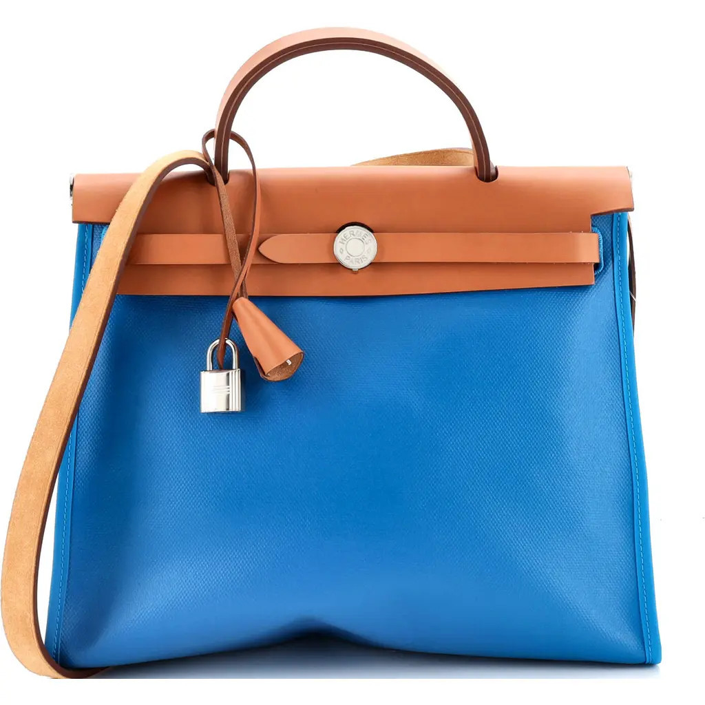 Pre-Owned Hermes Herbag Zip Leather and Toile 31 in Bleu Frida at Nordstrom, Size Small | Nordstrom