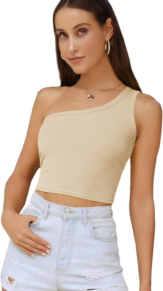 Verdusa Women's Summer One Shoulder Sleeveless Ribbed Crop Top | Amazon (US)