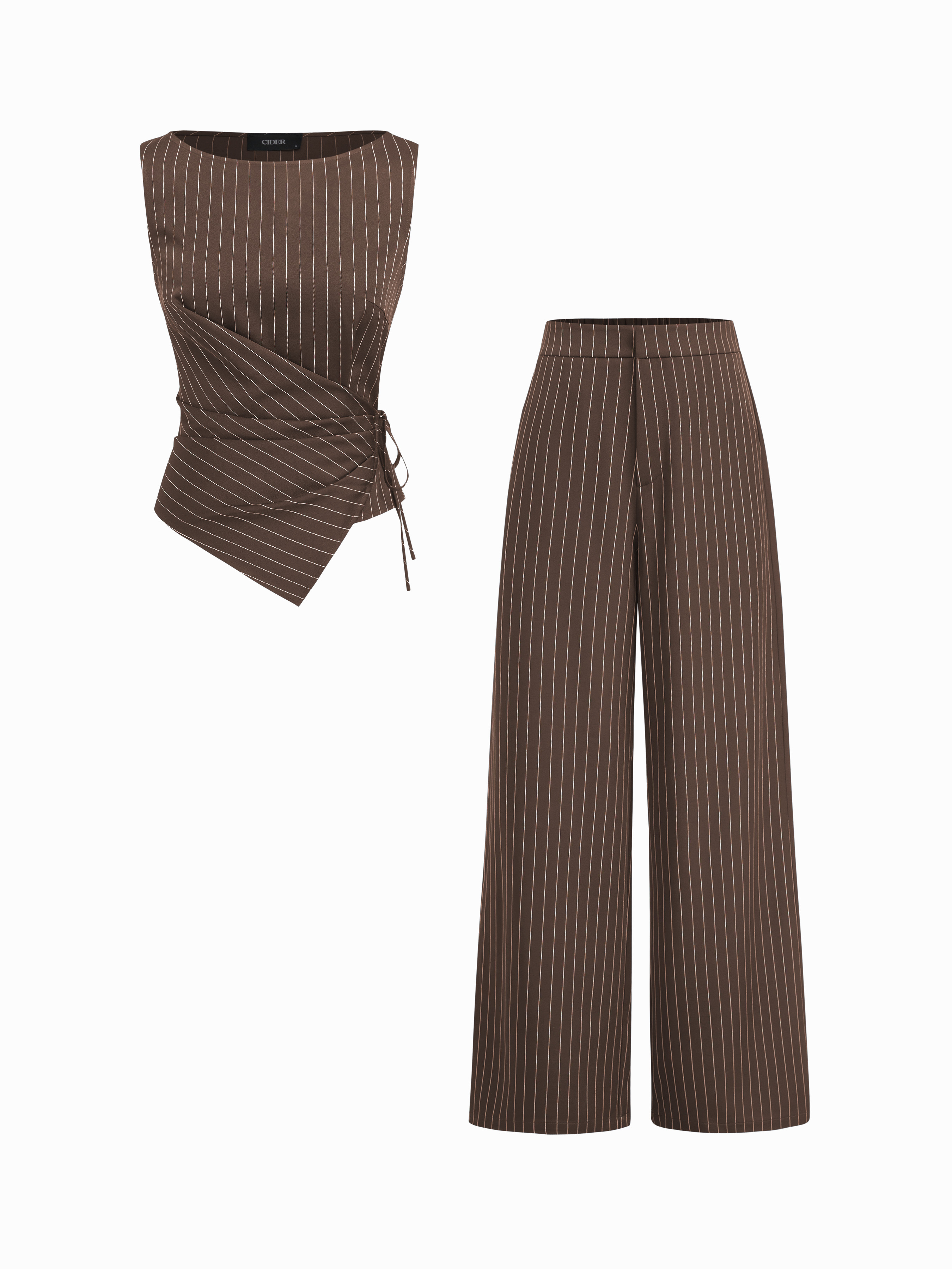 Woven Boat Neck Striped Wrap Knotted Top & Mid Rise Straight Leg Trousers Set For Work | Cider