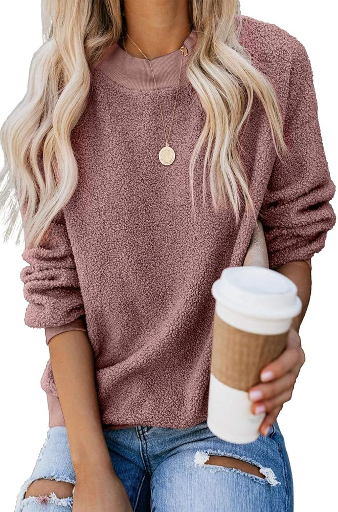 KINGFEN Womens Fuzzy Sherpa Fleece Sweaters Casual Crewneck Sweatshirt Pullover | Amazon (US)