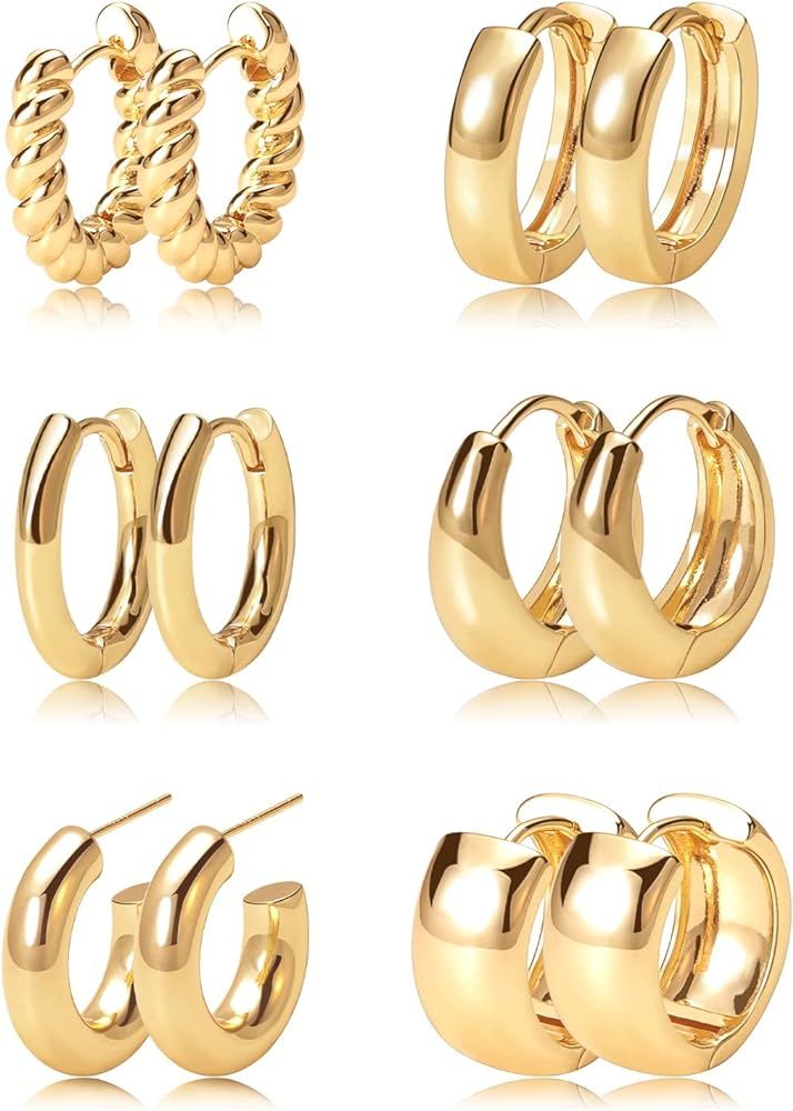 Gold Hoop Earrings Set 14k Real Gold Plated Huggie Earrings Hypoallergenic Chunky Twisted Thick Jewe | Amazon (US)