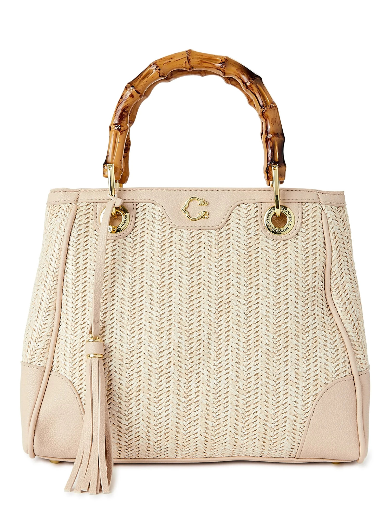 C. Wonder Women's Skye Straw Bamboo Handle Satchel Bag Wheat - Walmart.com | Walmart (US)