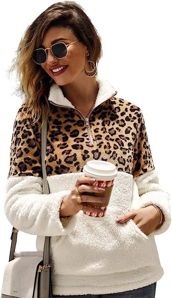 Women's Long Sleeve Sherpa Sweatshirt Leopard Pullover Fuzzy Fleece Winter Casual Outwear Coats | Amazon (US)